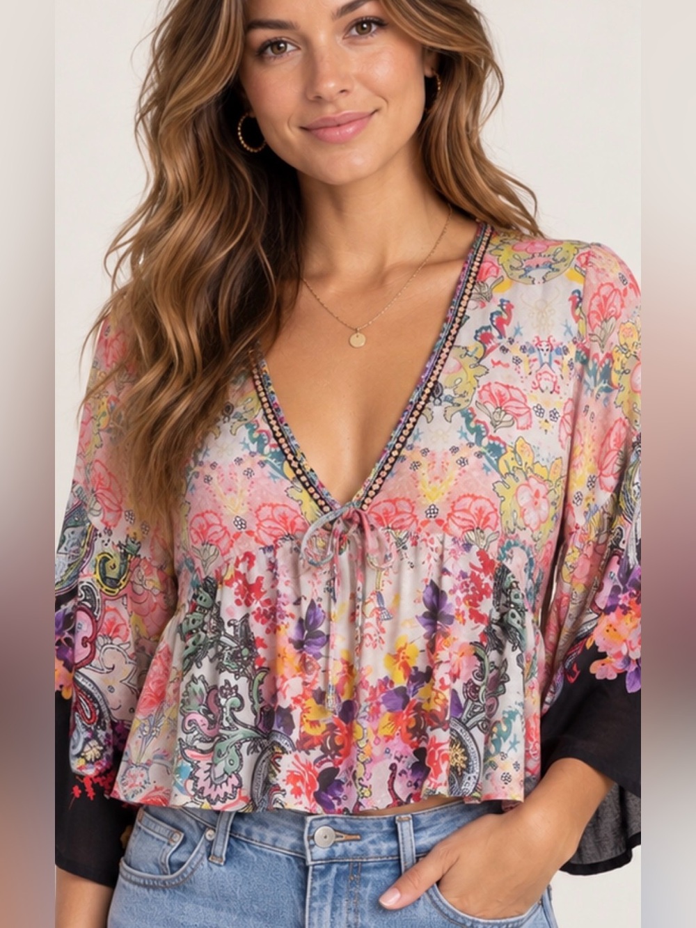 NATURAL LIFE Floral V-Neck Crop Top in Pink, Yellow, Green, Purple, Black